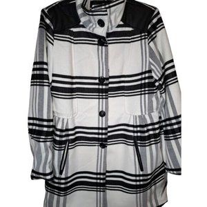 IZ Byer Womens XL Pea coat Black White Plaid Faux Leather Trim Jacket Coat NEW
